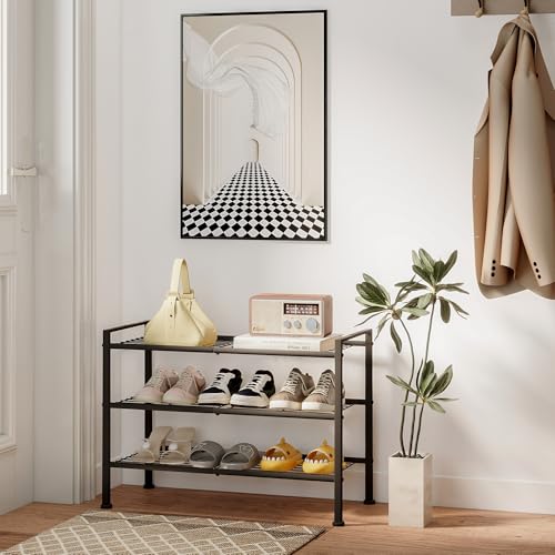 3-Tier Shoe Rack, 26.5" Wide Metal Storage Organizer for Closet Entryway,Holds up to 9 Pairs Shoes, Heavy-Duty Stand for Shoes, Books, or Plants (Black) - color: Black, size: 3 Tier
