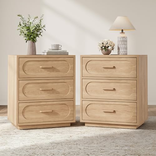 YANSNWO Natural Nightstand Set of 2 with Charging Station, 21.7" Modern End Table with 3 Drawers Storage, Open Shelf, Mid Century Bedside Table with Unique Base Design for Bedroom, Living Room - color: Natural, size: 15.7"D x 21.7"W x 25.8"H (3 Drawers/2