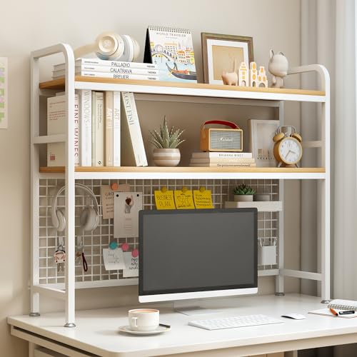 IOTXY 2-Tier Desktop Hutch Bookshelf - Metal Desk Shelf Bookcase with Grid Panel, Countertop Storage Organizer Rack for Dorm or Office, White, 45.3" W - color: White, size: 45.3"W