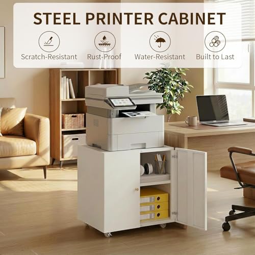 Metal Printer Stand with Storage Cabinet & Wheels, Heavy Duty Rolling Printer Cart with Adjustable Shelf, Large Printer Table for Home Office, Under Desk Printer Cabinet, White 23.6” H
