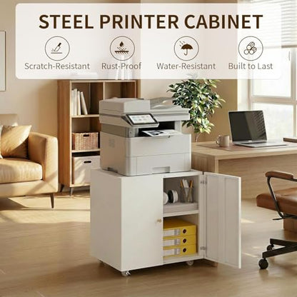 Metal Printer Stand with Storage Cabinet & Wheels, Heavy Duty Rolling Printer Cart with Adjustable Shelf, Large Printer Table for Home Office, Under Desk Printer Cabinet, White 23.6” H