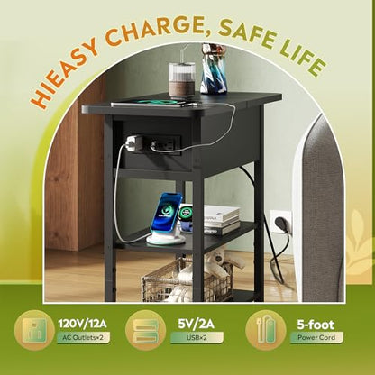 WLIVE 3-Tier End Table with Charging Station, Flip Top Narrow Side Table with Storage Shelf, Small Nightstand with USB Ports and Outlets,Bedside Table for Living Room, Bedroom - color: Black