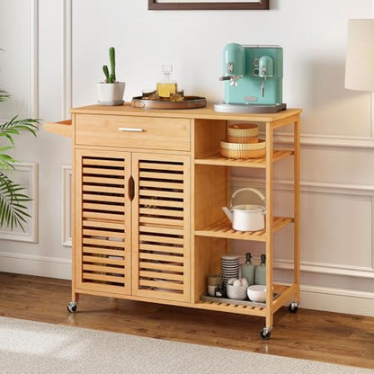 Bamboo Kitchen Island Cart with Storage, Rolling Butcher Block | Large Drawer, 2-Door Cabinet, 3-Tier Open Shelves, Towel Rack, Wheels Included; For Dining Room, Apartment, Small Spaces - size: 41”Lx16”Wx35”H