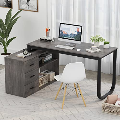 FUFU&GAGA 55.1" Large L-Shaped Office Desk with 41.3" File Cabinet, Corner Computer Desk with 3 Drawers & 2 Shelves, Workstation Executive Desk with Storage Shelf for Home Office, Grey - color: Grey