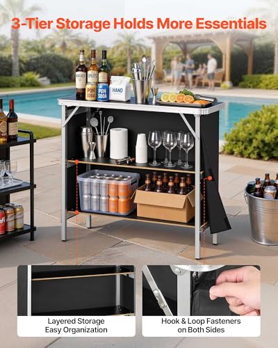 VEVOR Folding Portable Bar Table, 38.6 x 15.2 x 34.3 in, with Carry Bag, Storage Shelf, and Detachable Skirt, Quick and Easy Setup, Foldable Mobile Bartending Station for Events, Party, Tradeshow - size: 38.6 x 15.2 x 34.3 in