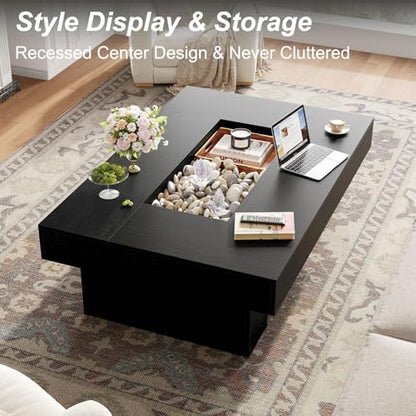 LVB Black Coffee Table, Modern Wood Led Living Room Table with Storage, Unique Large Wide Rectangle Center Table with LED Light, Contemporary low Tea Table for Bedroom Home Office, 47.24 In, Black Oak - color: Black Oak