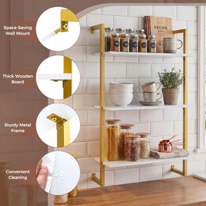 Giantex 3-Tier Wall-Mounted Bookshelf, Modern Floating Storage Display Shelves with Metal Frame, Wood Open Ladder Bookcase for Living Room, Home Office, Kitchen, White + Gold - color: White + Gold