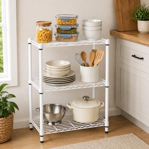 Honey-Can-Do 3-Tier White Wire Shelf, NSF, 250 lb/Shelf, 14x24x30 in | 750 lb total; NSF-certified steel; adjustable rust-resistant shelves for closet, kitchen & garage; no tools needed - color: White, size: 250 lbs per shelf
