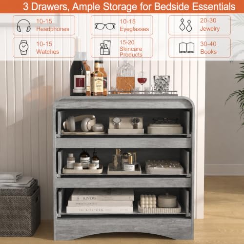 32" Large Nightstand, 3 Drawer Nightstand with Spacious Drawers | Pre-Installed Slides, Wood Bedside Table, Modern End Table, Curved Night stand for Bedroom Sofa Couch Office, Grey - color: Grey, size: 3 Drawer