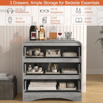 32" Large Nightstand, 3 Drawer Nightstand with Spacious Drawers | Pre-Installed Slides, Wood Bedside Table, Modern End Table, Curved Night stand for Bedroom Sofa Couch Office, Grey - color: Grey, size: 3 Drawer