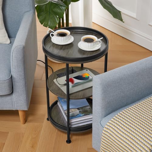 Dulcii Round Side Table with Charging Station, End Table with 3 Shelves for Living Room, Bedroom Nightstand with Steel Frame for Small Spaces, Industrial Round Sofa Table (USB+Grey) - color: Grey, style: With Outlets