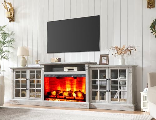 AMERLIFE 97" Farmhouse Fireplace TV Stand, Entertainment Center with Large Storage Space and Adjustable Shelf, Media Console for Living Room, Light Grey - color: Light Grey, size: 97"