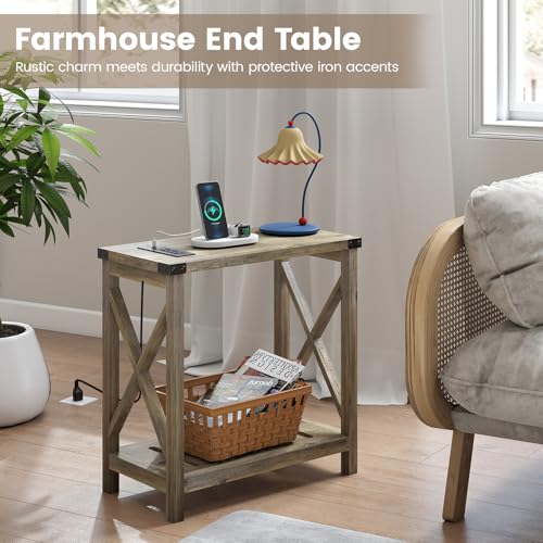 Hadulcet Farmhouse End Tables Living Room Set of 2 - Narrow Side Table with Charging Station, Slim Nightstand for Small Space, Skinny Bedside Table, Sofa Side Table with Storage Shelf, Elegant Gray - color: Elegant Gray