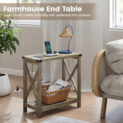 Hadulcet Farmhouse End Tables Living Room Set of 2 - Narrow Side Table with Charging Station, Slim Nightstand for Small Space, Skinny Bedside Table, Sofa Side Table with Storage Shelf, Elegant Gray - color: Elegant Gray