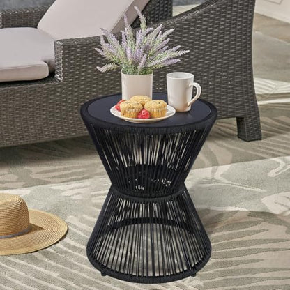 SUNNYPARK Small Outdoor Side End Table Modern Hourglass Style 20" H | Tempered Glass Top, Hand-Woven Rope, Easy Assembly, All Weather, Round Accent Table for Coffee Patio Balcony Poolside - color: Black