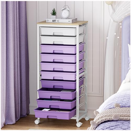 SYKIARIOL Rolling Cart with Drawers,10 Drawer Rolling Cart,Storage Cart with Wheels,Utility Cart with Drawers,Teacher Cart for Classroom Storage,Craft Cart with Wheels and Wooden Tabletop,Purple - color: purple
