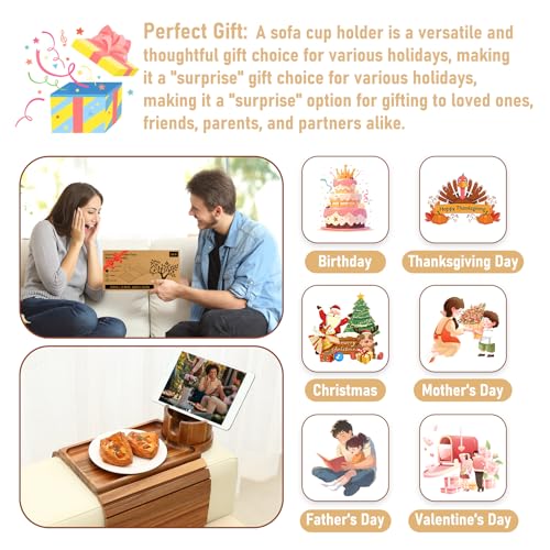 Couch Cup Holder Tray,Acacia Wood Sofa Arm Clip on Tray Table with 360° Rotation Cup Holder,Foldable Anti-Slip Couch Armrest Table for Coffee Mug,Water Bottles,Snacks,Remote on Large Armrest - color: Acacia Wood