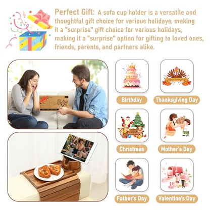 Couch Cup Holder Tray,Acacia Wood Sofa Arm Clip on Tray Table with 360° Rotation Cup Holder,Foldable Anti-Slip Couch Armrest Table for Coffee Mug,Water Bottles,Snacks,Remote on Large Armrest - color: Acacia Wood