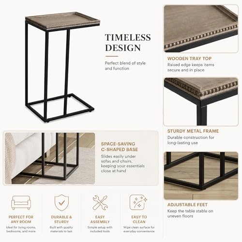 Farmhouse C Shaped End Table with Distressed Beaded Edge Tray Top, Modern Slim Snack Side Table with Metal Base, Black - color: Black, style: Beaded Edge