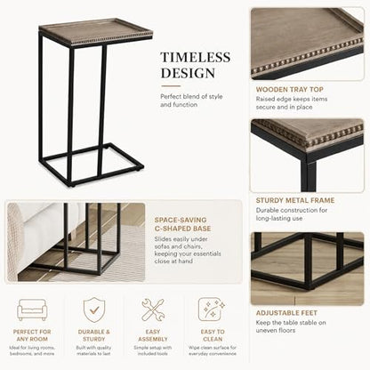 Farmhouse C Shaped End Table with Distressed Beaded Edge Tray Top, Modern Slim Snack Side Table with Metal Base, Black - color: Black, style: Beaded Edge