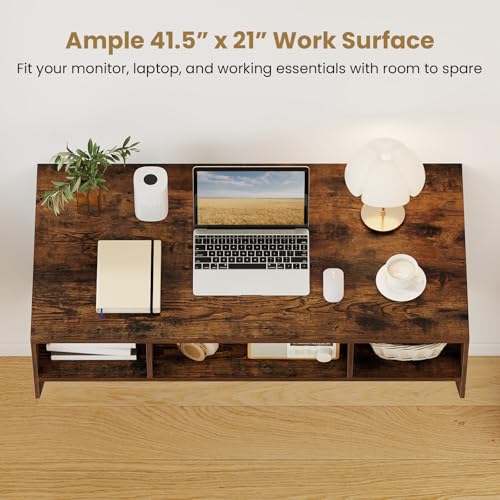 Giantex Wall-Mounted Computer Desk, Floating Laptop Desk with 3 Storage Compartments, Space-Saving Home Office Workstation Vanity Table for Bedroom, Study, Living Room (Rustic Brown) - color: Rustic Brown