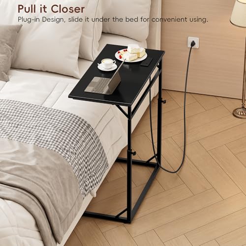 Vagusicc C Shaped End Table with Charging Station, C-Table End Table Adjustable Height Side Table for Couch, Large Couch Tables,Slide Under Sofa Tables TV Tray Arm Tables for Living Room,Bedroom,Black - color: Black, style: With Plug
