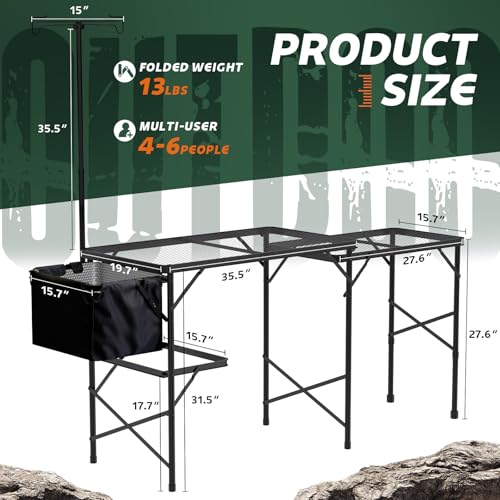WildFinder Folding Table with Sink and Double Shelf, Camping Table Height Adjustable Folding Grill Table, Portable Outdoor Table for Picnic,Camping,BBQ,Beach,69 x20 x32 Inches(Black) - size: 5.7x2FT(Cooking Station)