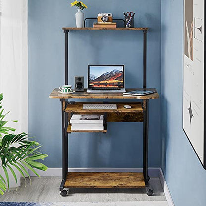 Topeakmart 2-Tier Rolling Desk with Printer Shelf & Keyboard Tray, Rustic Brown - color: Rustic Brown