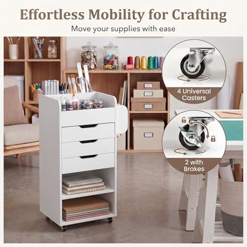 Tangkula Rolling Storage Drawer Cart, Home Office Mobile Drawer Cart, Wooden Utility Cart Storage Cabinet w/ 3 Drawers & 3 Open Storage Shelves, Paper Organizer w/Lockable Casters