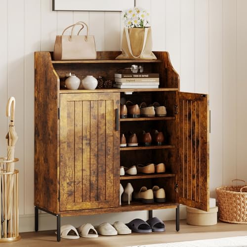 Modern Shoe Storage Cabinet with 4-Tier & 3 Adjustable Shelves | Slim Design, Enclosed Doors, Sturdy MDF, Anti-Tip Kit - color: Brown