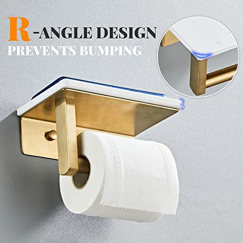 Brushed Gold Toilet Paper Holder with Shelf, 304 Stainless Steel Screw Wall Mounted, Marble Tissue Roll Holder with Storage - color: Brushed Gold