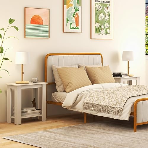 Giantex Narrow End Table Set of 2, 2-Tier Side Table with Open Storage Shelf, Retro Wood Sofa Table Bedside Tables for Small Spaces, Slim Nightstand for Living Room, Bedroom, Easy Assembly, White - color: White