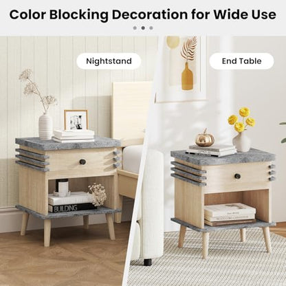 Giantex Modern Nightstand, 3-Tier Bedside Table with Drawer, Open Shelf & Rubber Wood Legs, Color Blocking Sofa Side End Table, Faux Marble Night Stand for Bedroom, Grey & Natural
