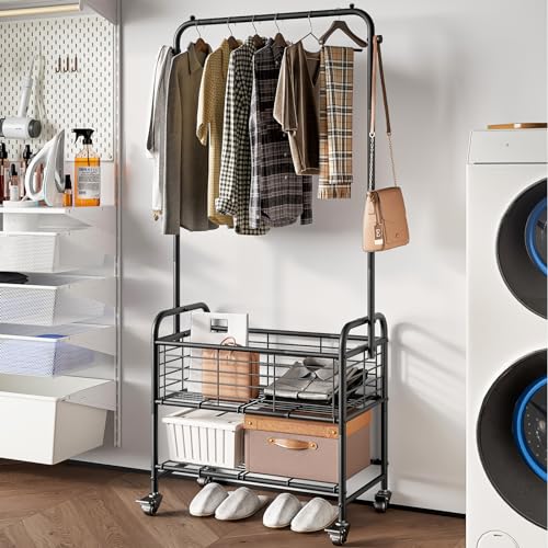 SUOERNUO Laundry Cart with Hanging Rack Rolling Laundry Hamper Sorter with Wheels Shelf,Black - color: Black