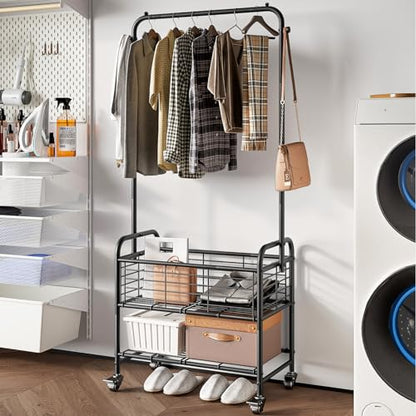 SUOERNUO Laundry Cart with Hanging Rack Rolling Laundry Hamper Sorter with Wheels Shelf,Black - color: Black