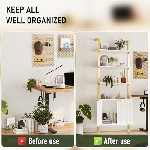 INNOD 74" Tall Bookshelf with Storage Cabinet, Modern Ladder Shelf with Wood and Metal Frame, Wall Mount Bookcase Open Display Shelf Furniture for Living Room, Bedroom, Home Office, Gold - color: White & Gold