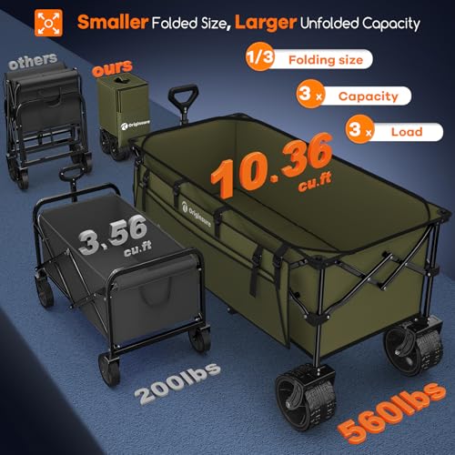 Originsure 300L Collapsible Beach Wagon Cart with Big Wheels, 560lbs, Green | 48" Foldable Utility Wagon,7" All-Terrain Wheels,Heavy Duty Frame,Compact&Space-Saving,for Camping,Sports,Grocery,Garden - color: Green