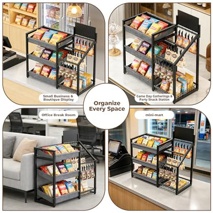 3-Tier Snack Organizer with 18 Clips, Large Capacity Snack Rack | Snack Cart for Kitchen Office Store Party Countertop, Matte Black Metal & Oxford Fabric Snack Storage, Message Board