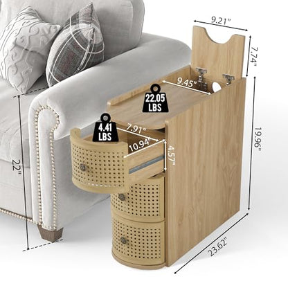 Narrow End Table with 3 Drawer, Metal Rattan Side Table with Storage, Narrow Charging Nightstand for Bedroom Bedside, Living Room Couch Sofa, Office, Desk Side Table for Small Spaces - Natural - size: Drawer Natural-1pcs