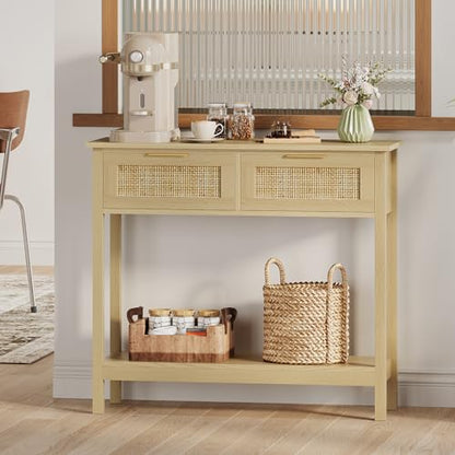 Trironsun Farmhouse Rattan Console Table with 2 Drawers 2 Tier Boho Narrow Long Sofa Table Natural with Open Storage Shelf Wood Entryway Table for Living Room Hallway Foyer (Nature, 39.4 Inch) - color: Nature