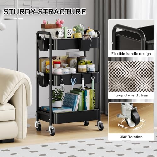 3 Tier Rolling Cart Metal with Wheels, Black Three Tiered Art Cart Organizer on Wheels, Storage Utility Trolley Carts for Kithcen, Craft, Nail, Lash, Makeup, Salon,Bedside, Bathroom, Office, Snack - color: Black 1