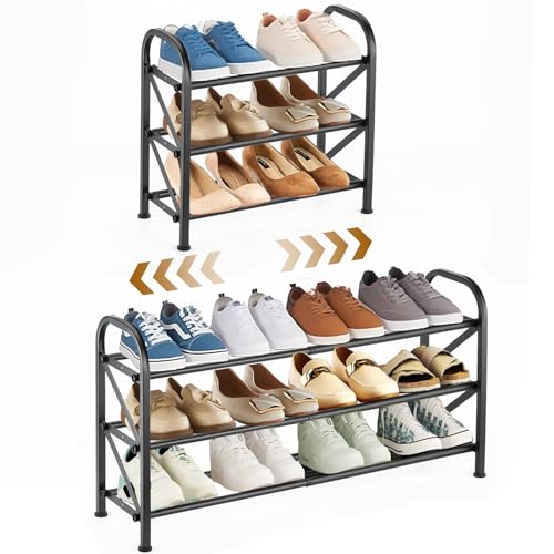 3-Tier Expandable Shoe Rack for Closet，Adjustable Shoe Rack，Black Metal Free Standing Shoe Rack for Entryway Closet Doorway - color: 3 Layers and 2 Tubes