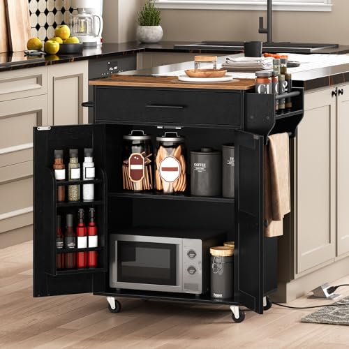 HOOBRO Kitchen Island with Power Outlet, Rolling Kitchen Island with Large Worktop, Kitchen Island Cart with Spice Rack and Drawer, Island Table for Dining Room, Rustic Brown and Black BF88UZD01 - color: Rustic Brown + Black