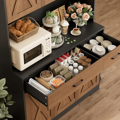 HOSTACK 71" Pantry Cabinet with Charging Station, Tall Kitchen Pantry Storage Cabinet with Microwave Stand, Farmhouse Kitchen Hutch with Storage Drawers for Living Room, Dining Room, Brown/Black - color: Brown/Black
