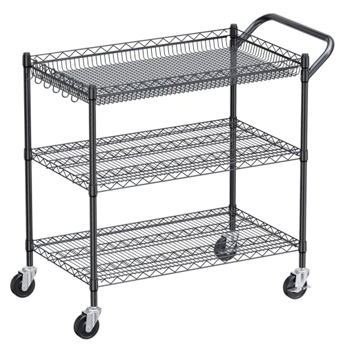 WDT 1350Lbs Capacity Heavy Duty Rolling Utility Cart, NSF Rolling Carts with Wheels,Commercial Grade Metal Cart with Handle Bar & Shelf Liner,Trolley Serving Cart for Restaurant,Kitchen,Black - color: Black 3 Tier Large