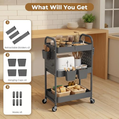 danpinera 3 Tier Rolling Cart with Retractable Dividers, Multi-Functional White Rolling Utility Cart with Pegboards, Hooks & Hanging Cups for Nursery, Living Room, Studio - color: Gray