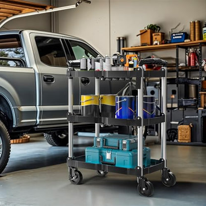 DWVO 3-Tier Foldable Service Cart with Swivel Wheels & Brake, 240LBS | Folding Utility Cart Heavy Duty Collapsible Rolling Cart, 240LBS Portable Utility Cart for Kitchen, Warehouse, Garage - size: 240 LBS