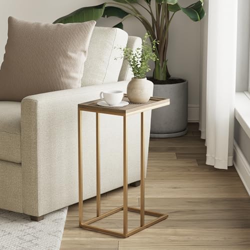 Farmhouse C Shaped End Table with Distressed Wood & Metal Woven Tray Top, Modern Slim Snack Side Table with Metal Base, Gold - color: Gold, style: Metal Woven