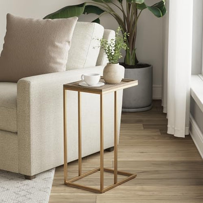 Farmhouse C Shaped End Table with Distressed Wood & Metal Woven Tray Top, Modern Slim Snack Side Table with Metal Base, Gold - color: Gold, style: Metal Woven