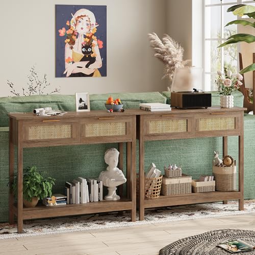 Trironsun Farmhouse Rattan Console Table with 2 Drawers 2 Tier Boho Narrow Long Sofa Table Natural with Open Storage Shelf Wood Entryway Table for Living Room Hallway Foyer - color: Caramel Oak